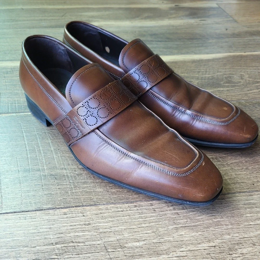 Salvatore Ferragamo Mens Brown Leather Gancini Monogram Loafers Shoes LC 41246